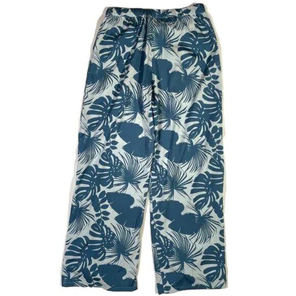 Quagga Green Label Tropical Print Lounge Pants Size M Teal Wide Leg High Rise - Picture 2 of 12
